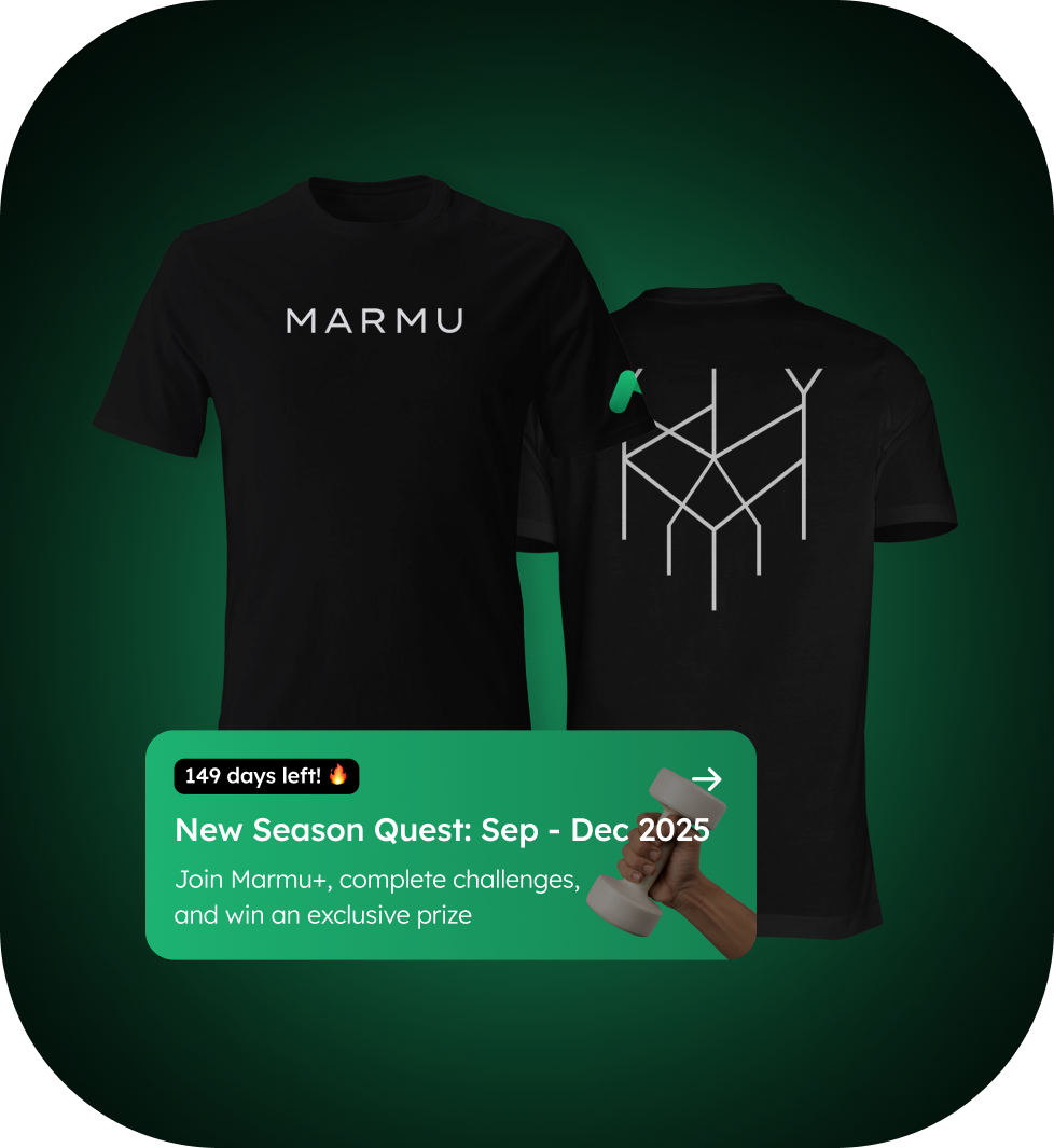 Black T-shirt with the word "MARMU" on the front and a geometric design on the back, displayed against a dark green background.