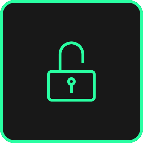 Icon of an open padlock inside a square outline on a black background with a green border.