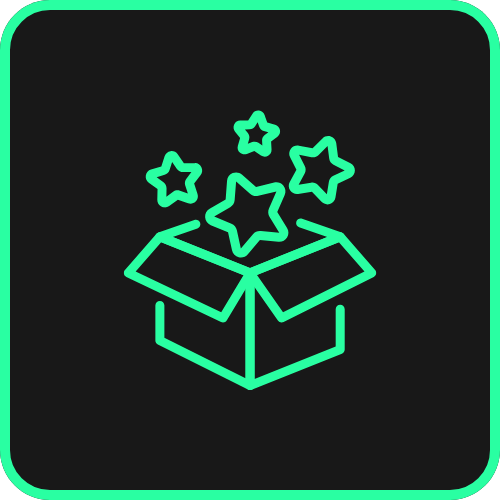 Icon of a box with star shapes emerging from it, on a black background.