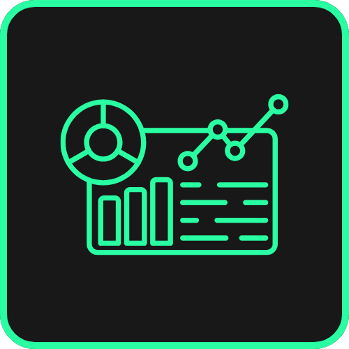 A neon green icon of a presentation board with charts and a pie chart on a black background.