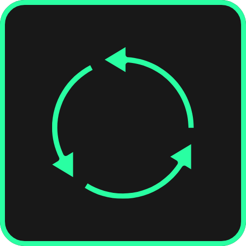 A circular refresh or reload icon with three arrows forming a cycle, on a black background with a glowing green border.