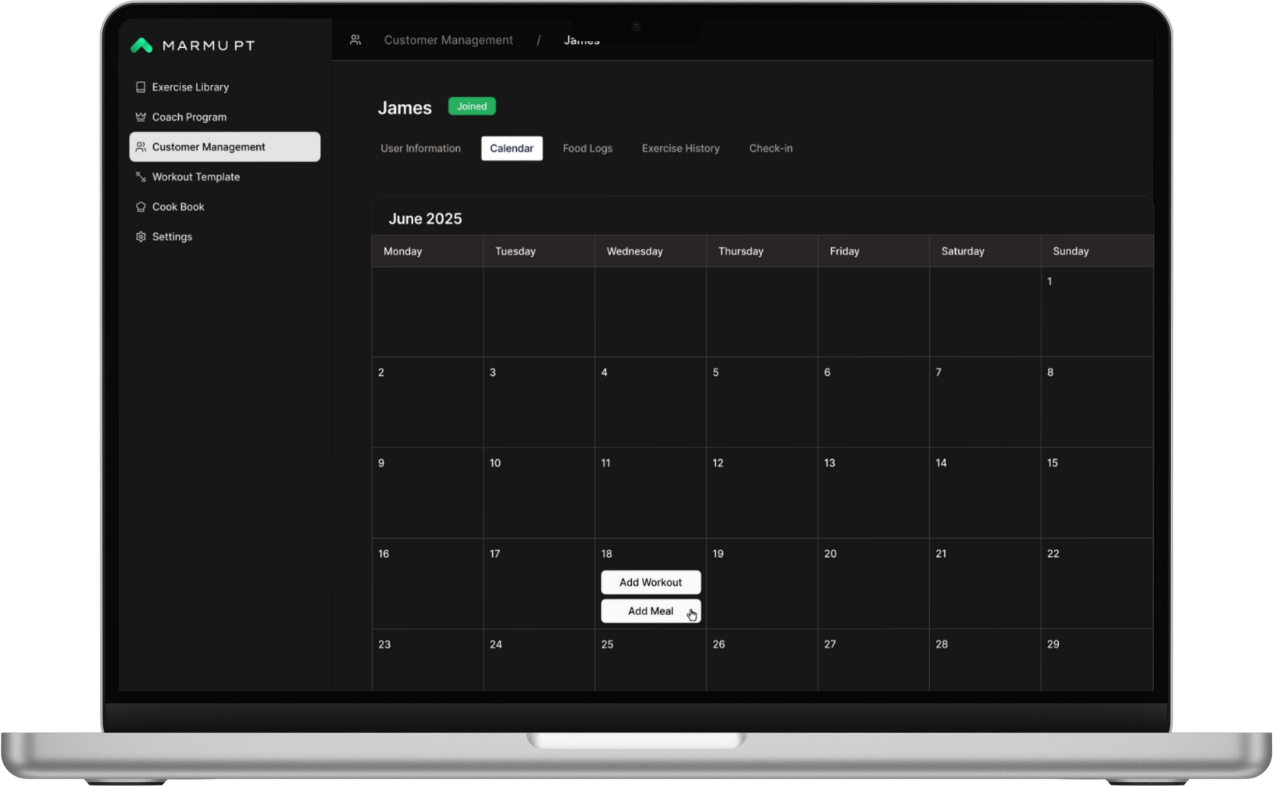 Laptop screen displaying a calendar in a fitness app called Marmu PT with options for logging workouts, meals, and managing customer information.