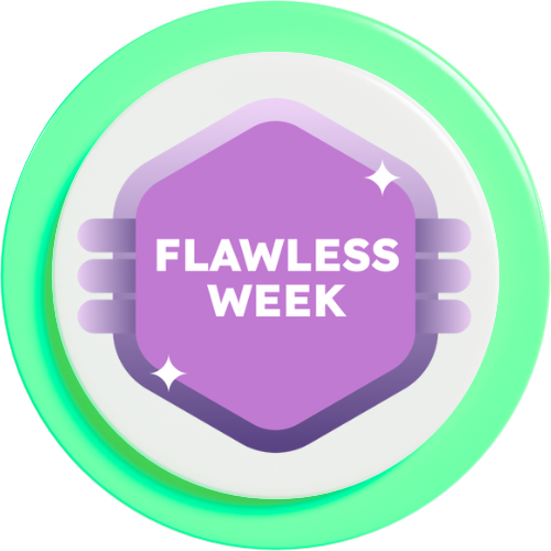 A circular badge with a green glow border and purple center featuring the text "Flawless Week" in white letters.