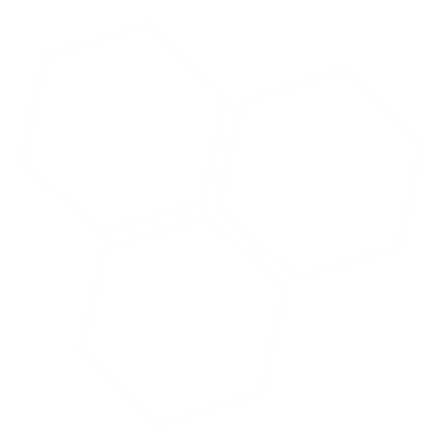 Three interconnected hexagons with neon green outlines on a black background.