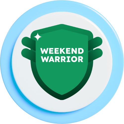A green shield with a white sparkle in the top left corner and the words "Weekend Warrior" written in white in the center, surrounded by a blue circular border.