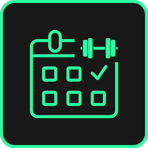 Icon of a calendar with a paperclip, a dumbbell, and checkmarks on it.