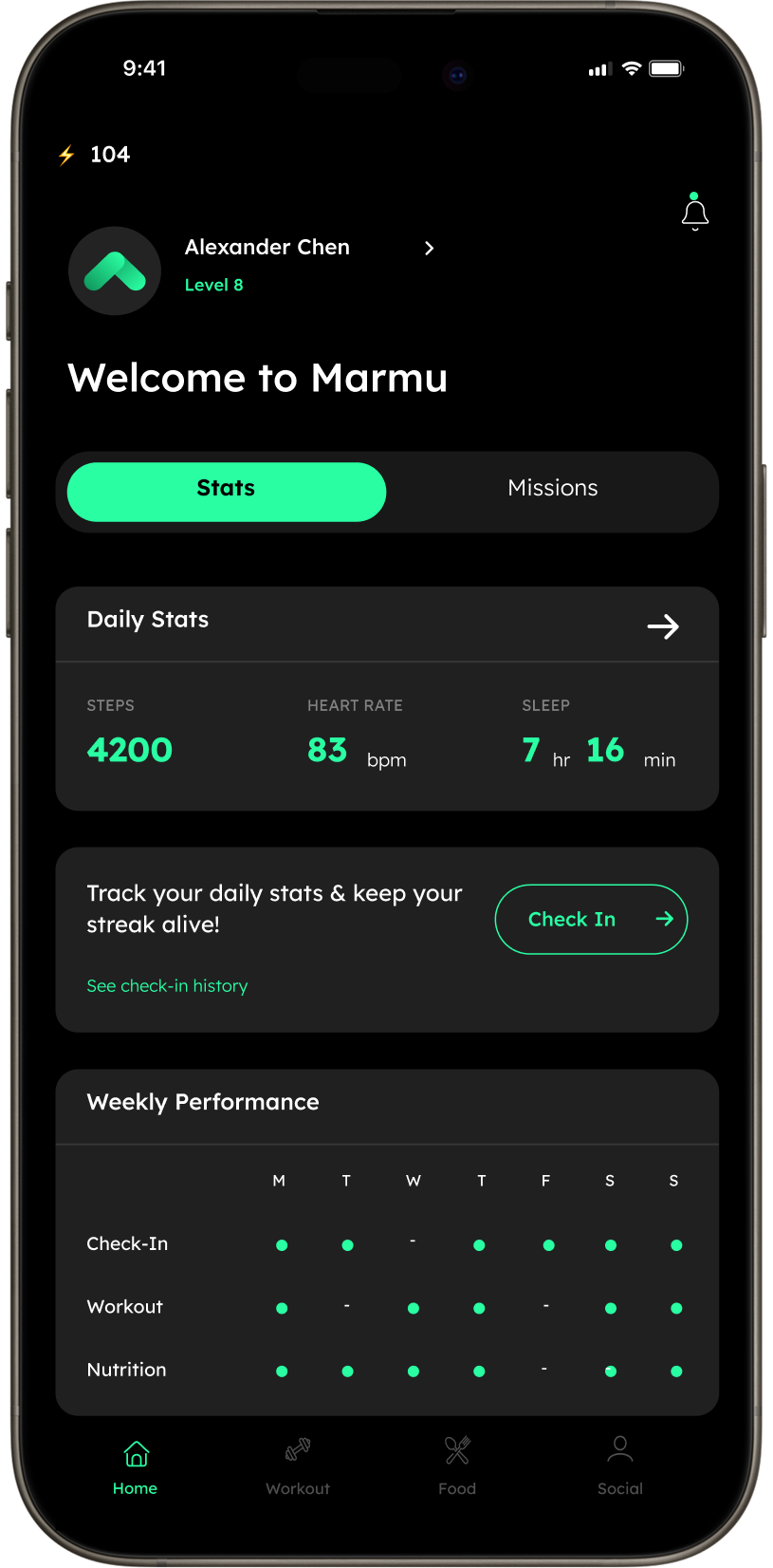 Screenshot of a mobile app dashboard showing fitness and health statistics, including daily steps, heart rate, sleep duration, weekly performance, and a navigation menu at the bottom.
