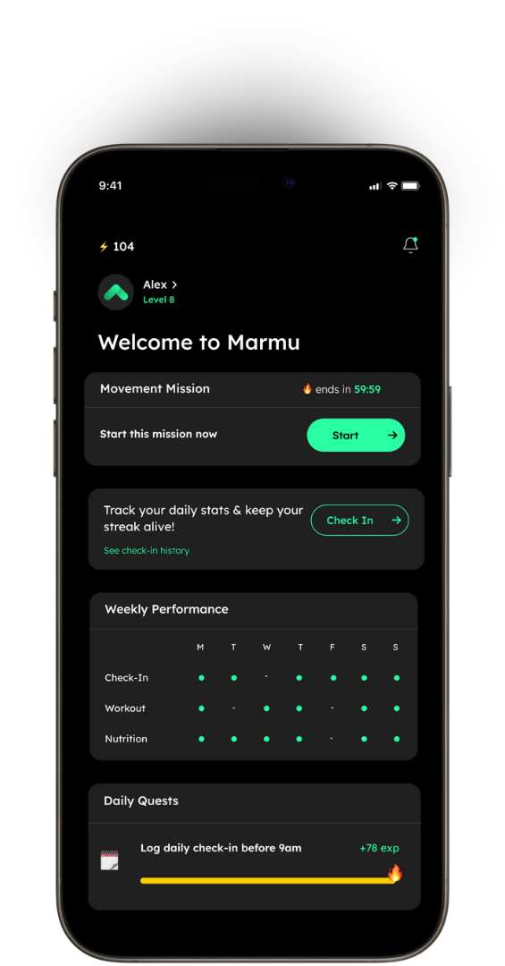 Mobile app interface for Marmu, showing user profile, current level, movement mission countdown, start button, stats check-in, weekly performance tracker, and daily check-in quest progress.
