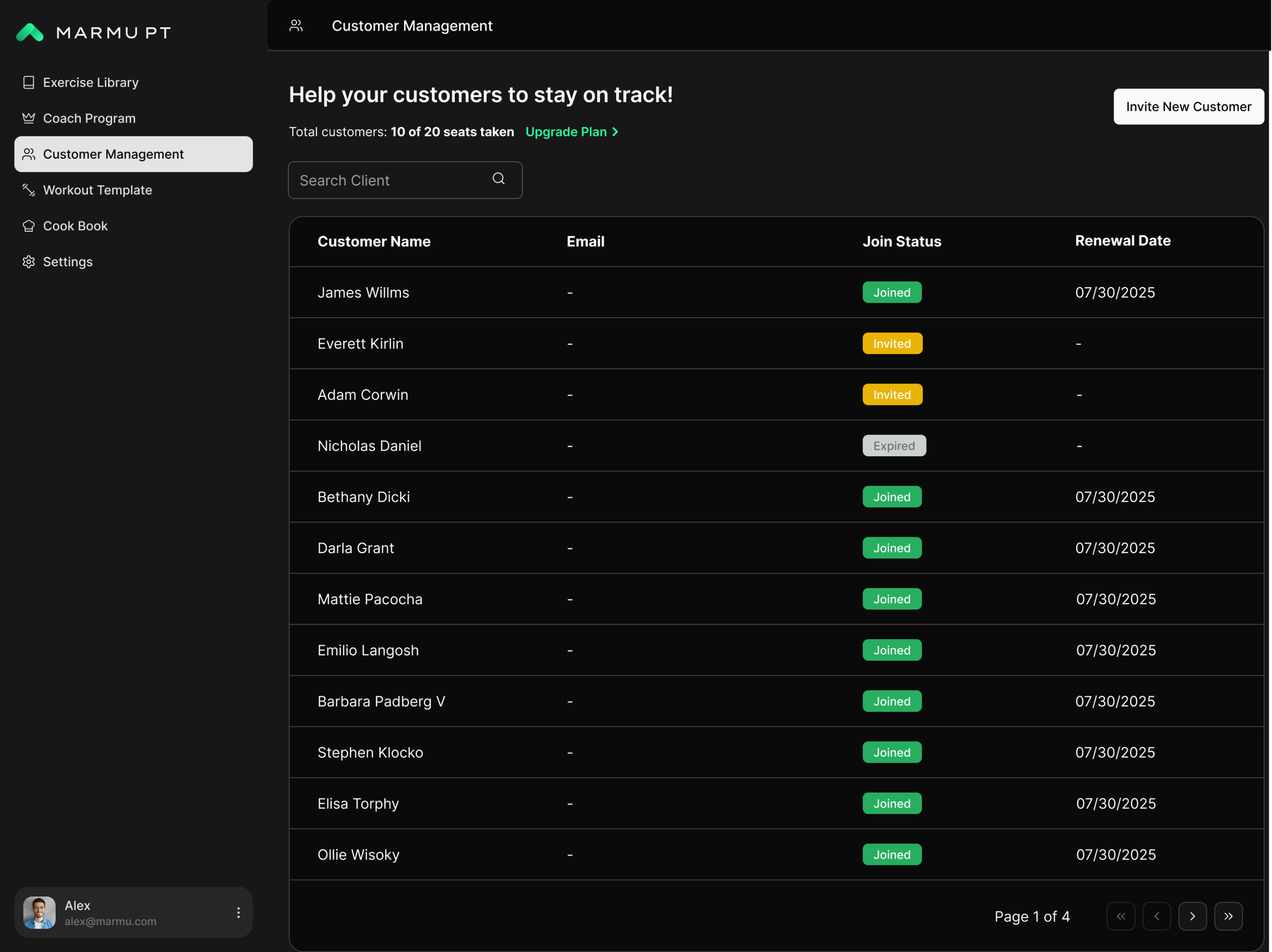 Screenshot of the Marmu PT customer management page showing a list of customers with their join status and renewal date. The page has a dark theme with a sidebar menu on the left and options to invite new customers and search clients.