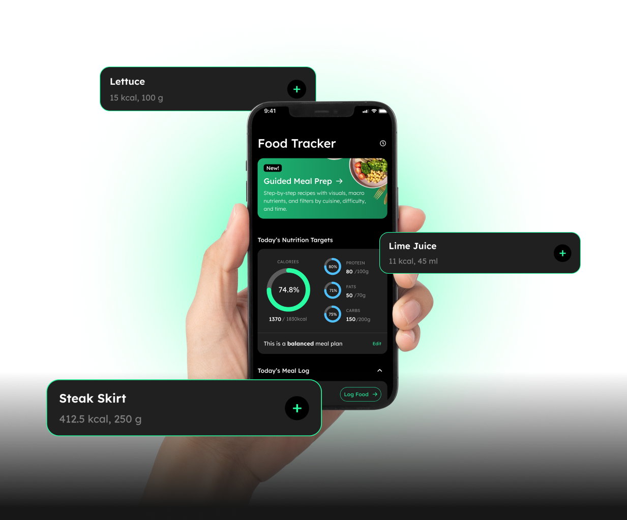 A person holding a smartphone displaying a food tracker app with options for tracking lettuce, lime juice, and steak skirt.