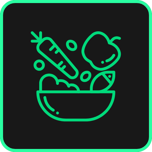 Icon of a bowl of salad with vegetables including a carrot, an apple, and a fish.