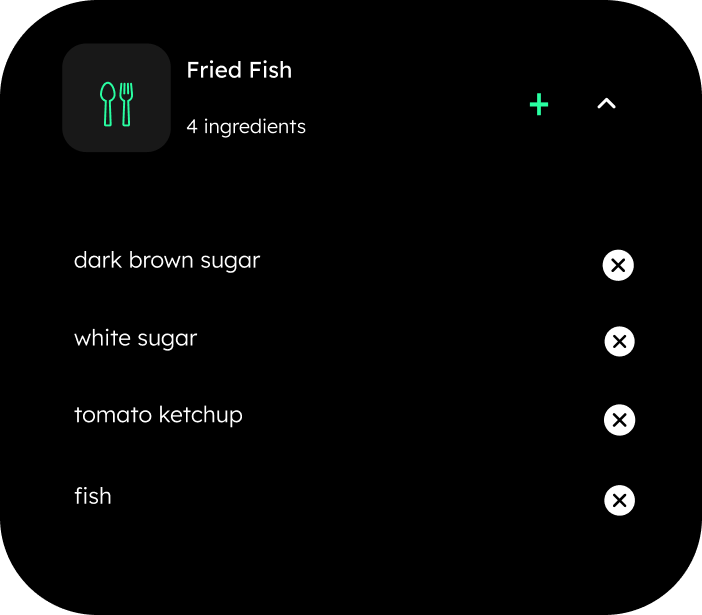 Digital menu screen displaying ingredients for fried fish: dark brown sugar, white sugar, tomato ketchup, and fish.