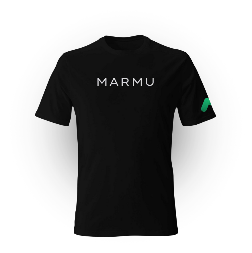 Black T-shirt with the word 'MARMU' printed in white across the chest and a small green logo on the left sleeve.