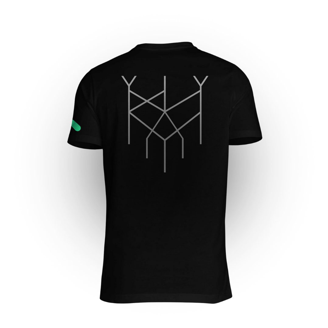 Black T-shirt with a geometric design on the back, featuring intersecting lines forming symmetrical patterns.