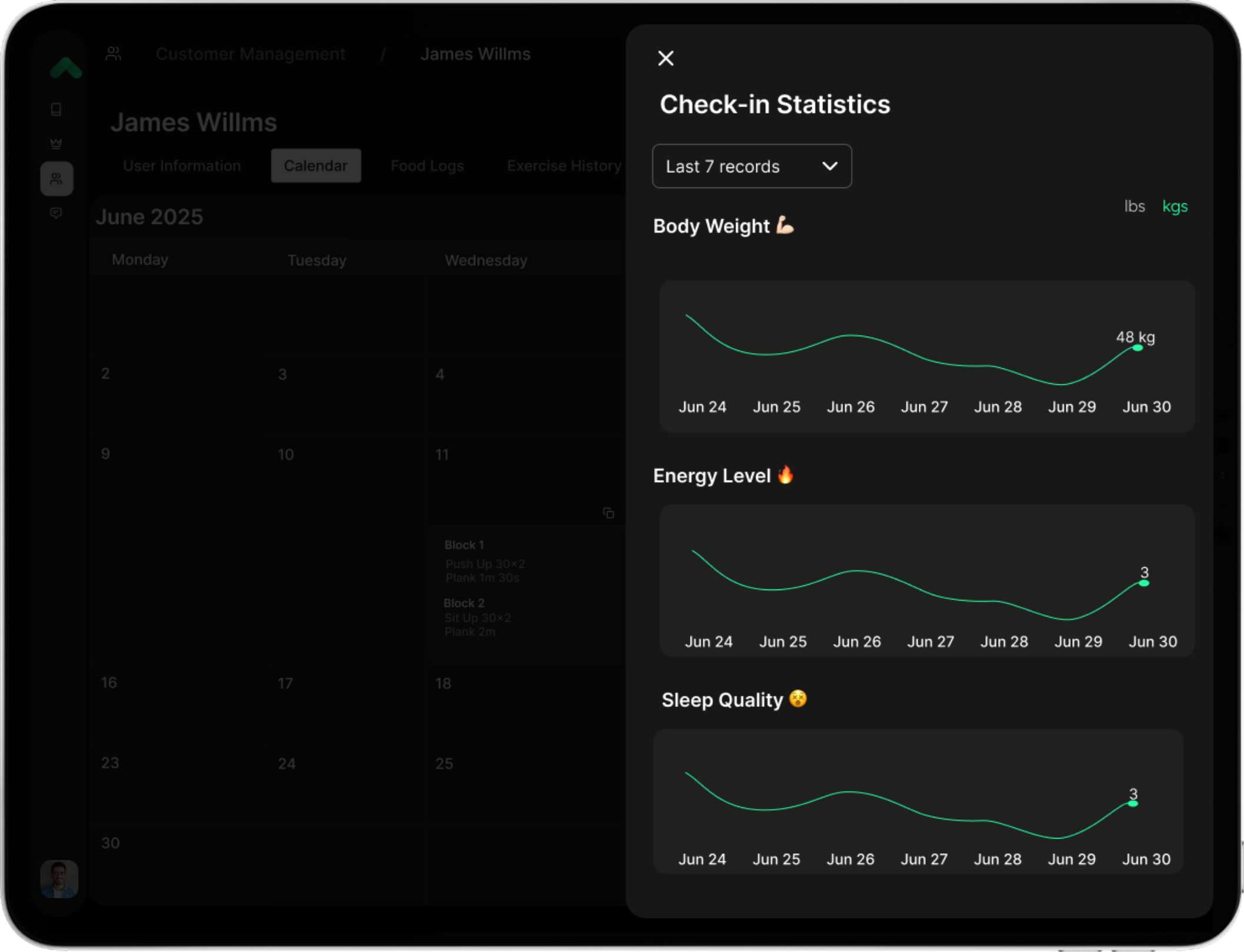 Dashboard showing check-in statistics for a user named James Willms, including graphs of body weight, energy level, and sleep quality over a week in June 2025.
