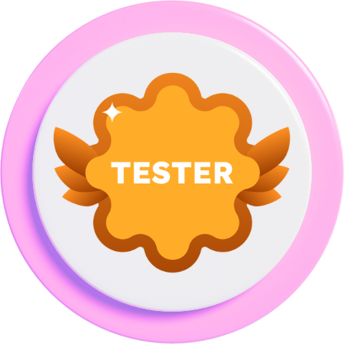 A round badge with a pink and purple border, featuring a flower-like shape in the center with the word "TESTER" in white text.