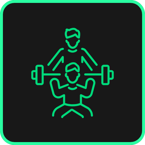 Line drawing of two people lifting weights together, one standing behind and one sitting in front, with a minimalistic style on a black background.