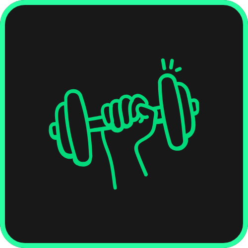 Neon icon of a hand holding a dumbbell with motion lines indicating movement or effort.