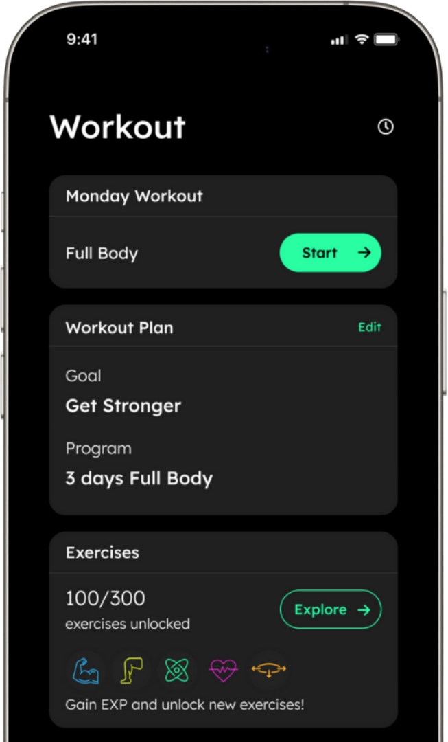 Mobile phone screen displaying a workout app with a Monday Full Body workout, a green start button, a workout plan titled 'Get Stronger,' and an exercise section showing 100 out of 300 exercises unlocked with an explore button.